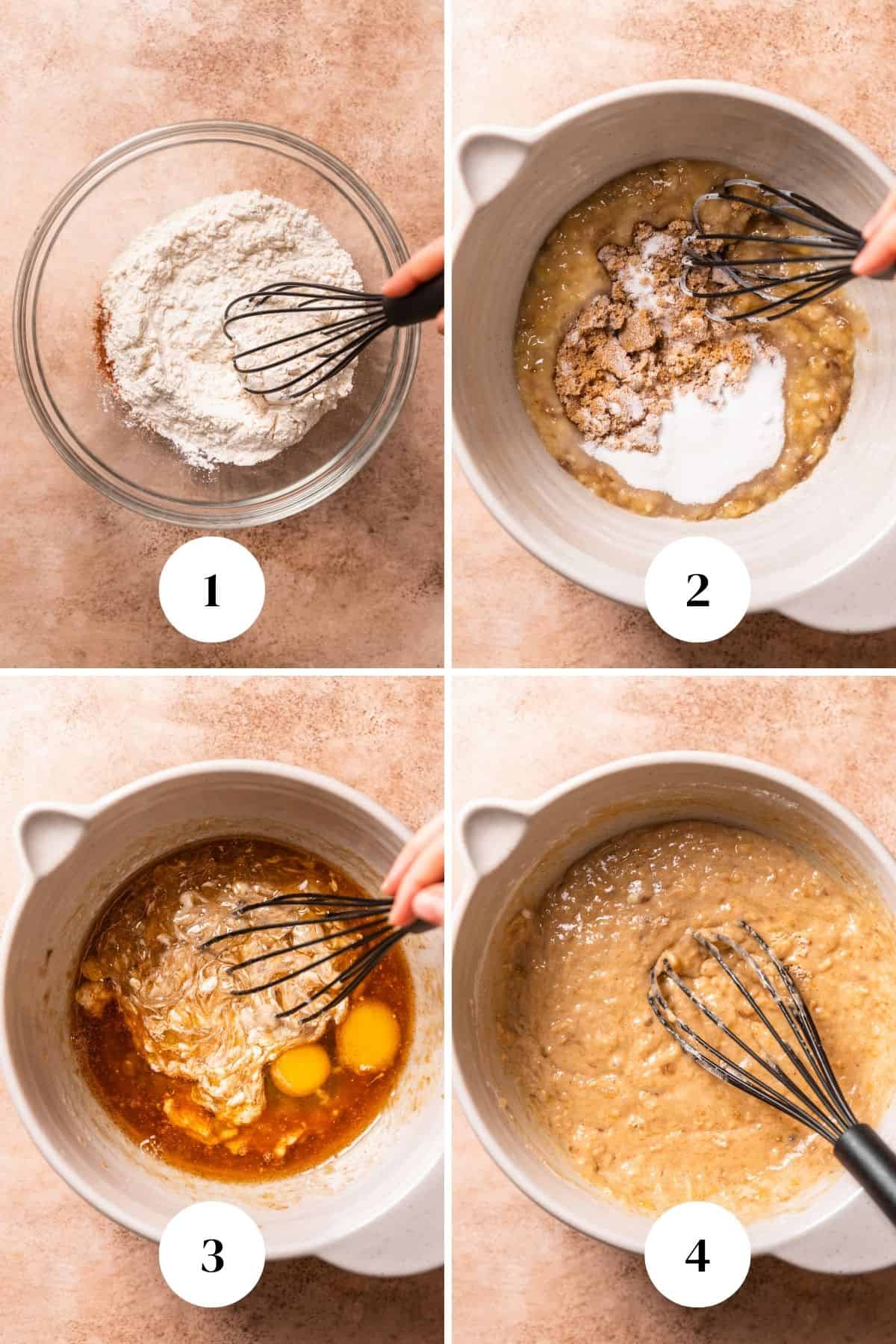 A collage of the step by step process of making banana bread with brown butter.