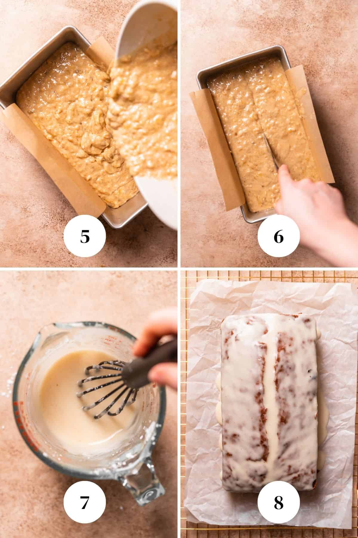 A collage of the steps for baking and glazing browned butter banana bread.