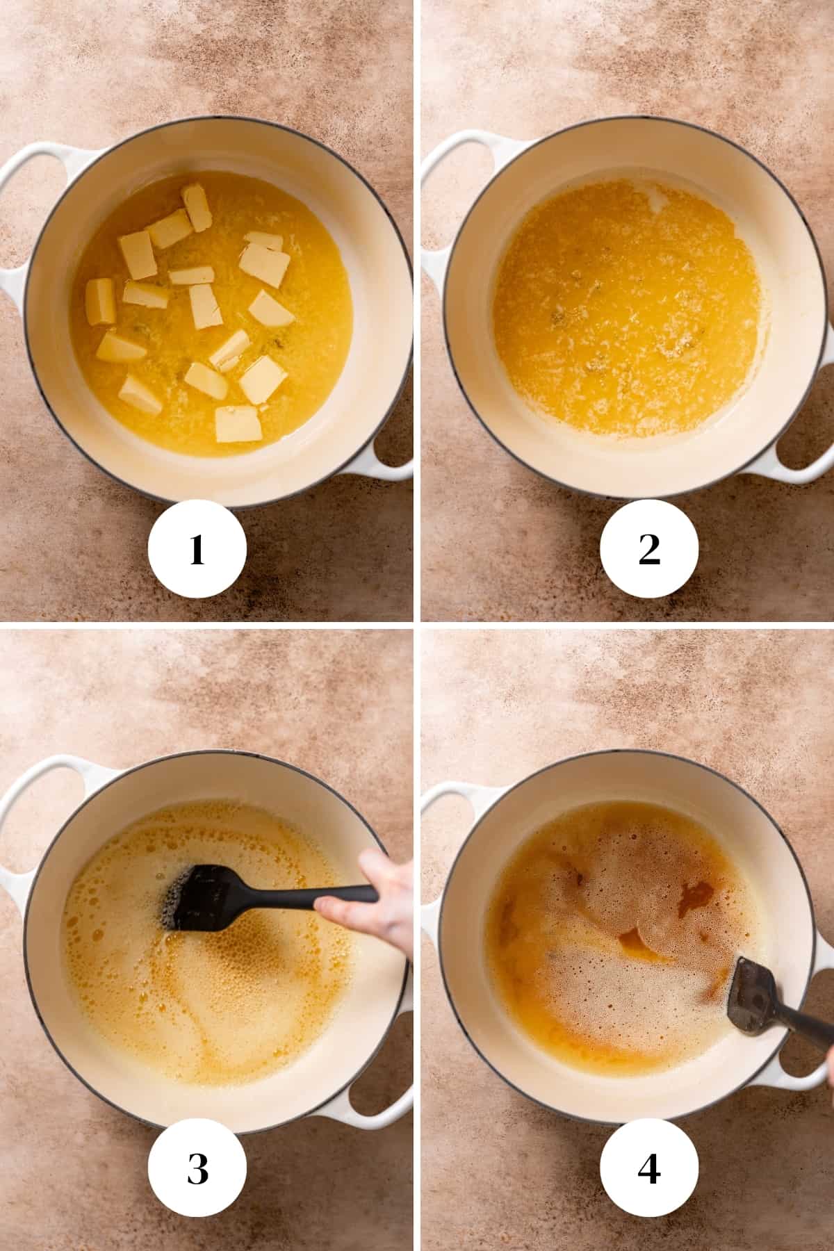 A step by step collage of the steps for making brown butter for the rice crispy treats.