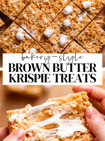 Brown butter rice krispie treat pinterest pin with text overlay.