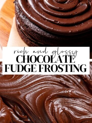 Chocolate fudge frosting pinterest pin with text overlay.