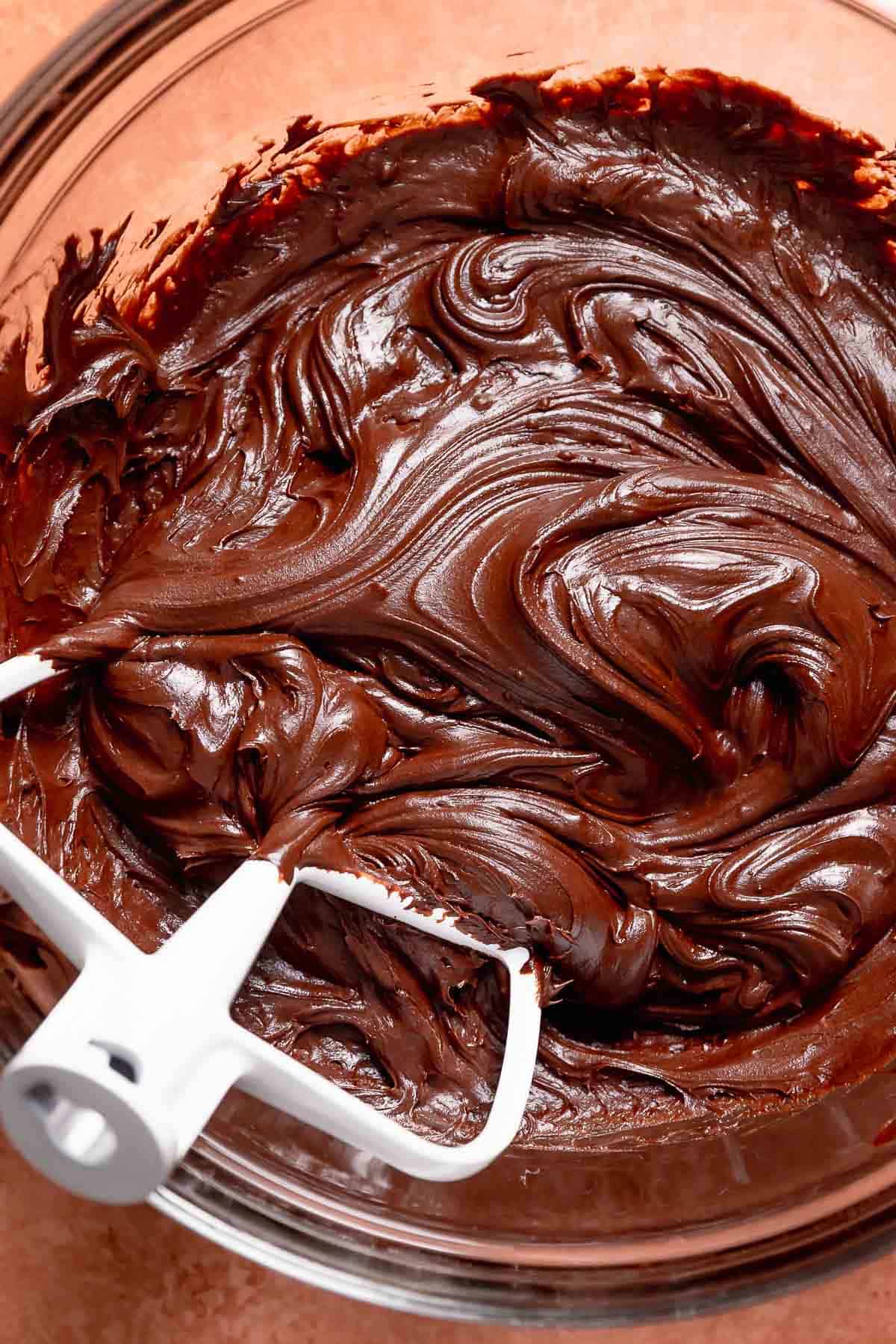 A bowl of chocolate fudge frosting.