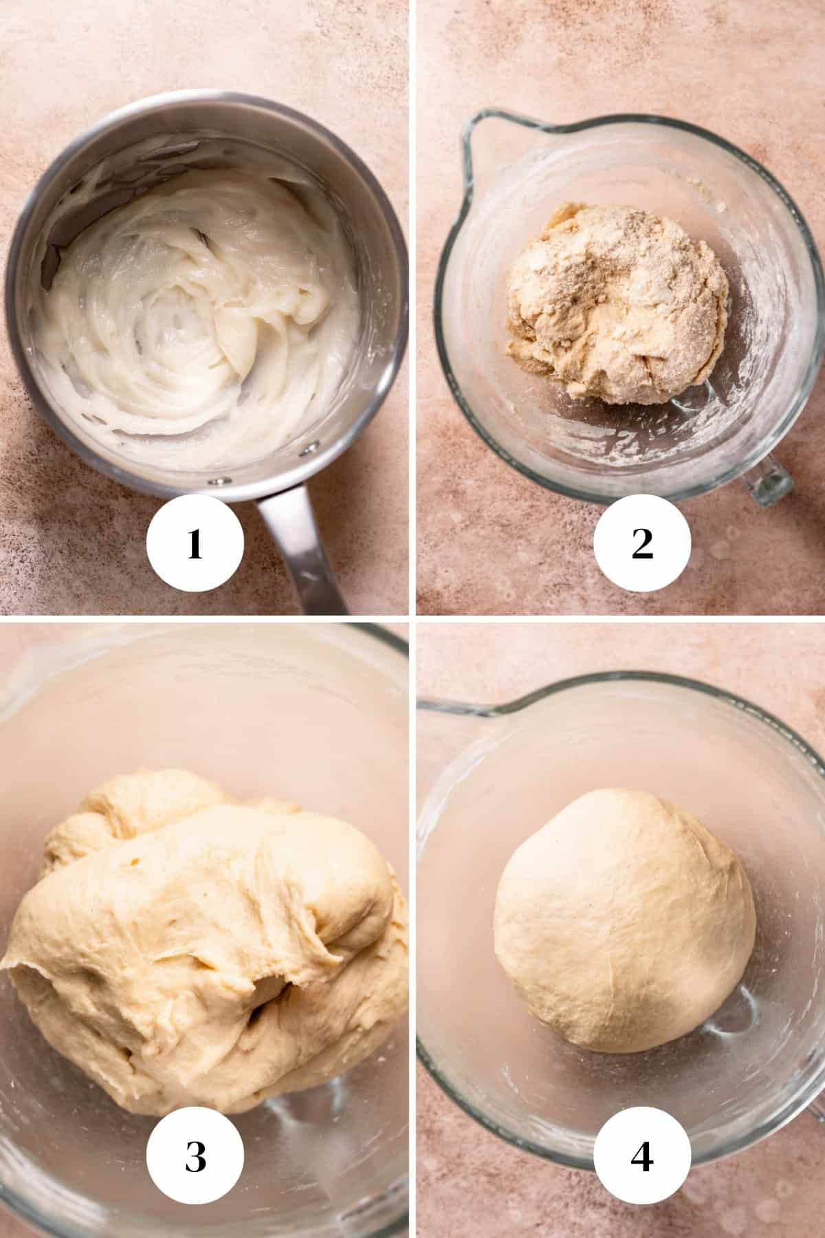 A process collage of the steps for making homemade cinnamon roll dough.