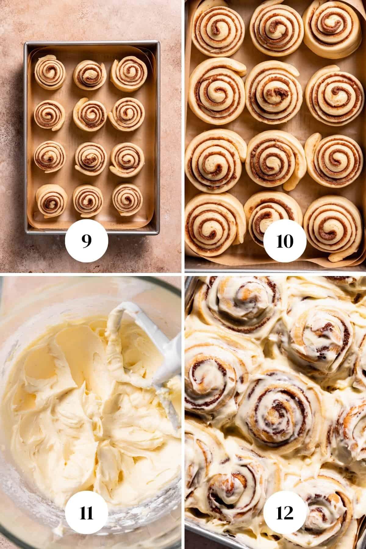 A process collage of baking and frosting cinnamon rolls.