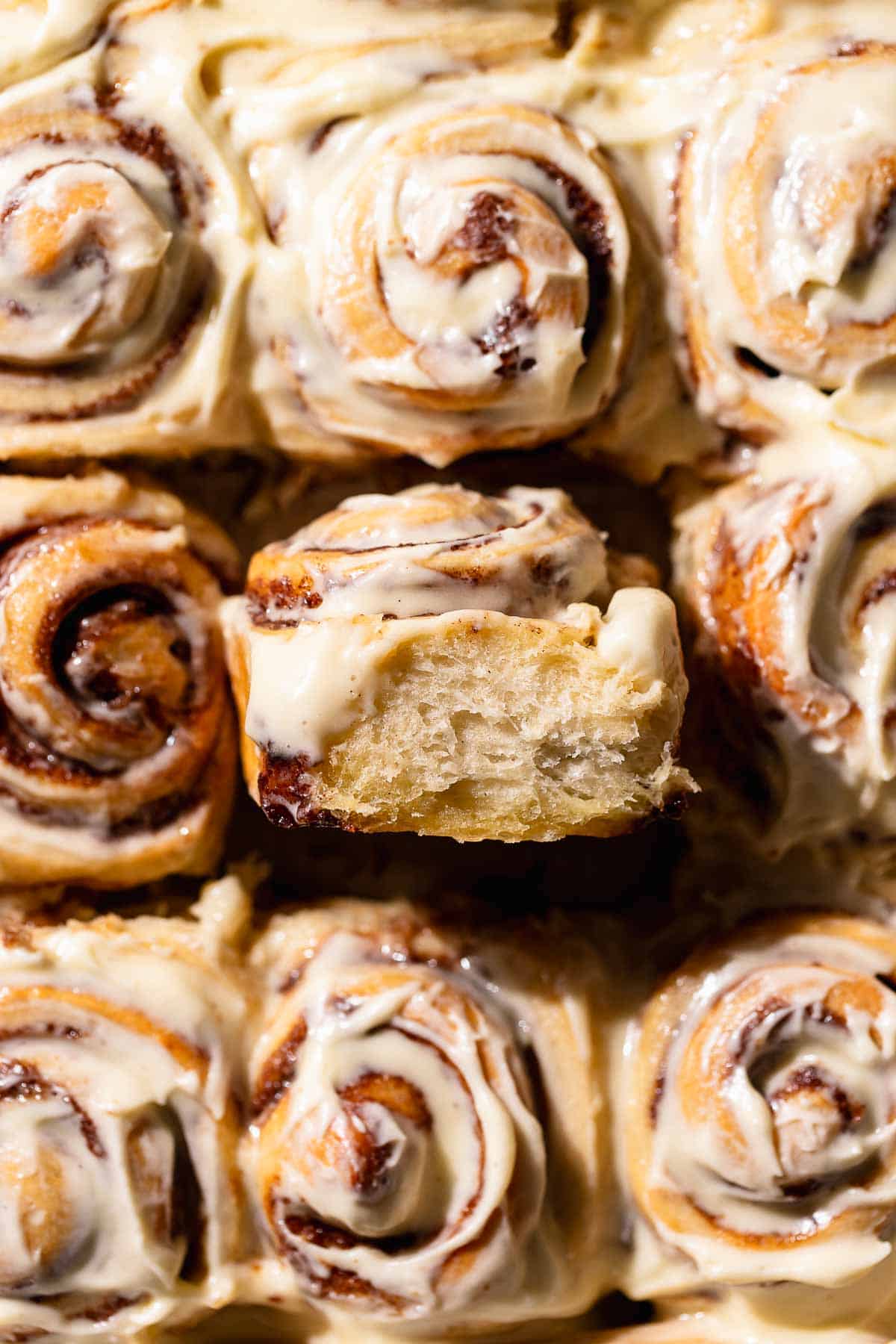 A tray of homemade cinnamon rolls with one on its side to show the gooey and fluffy texture.