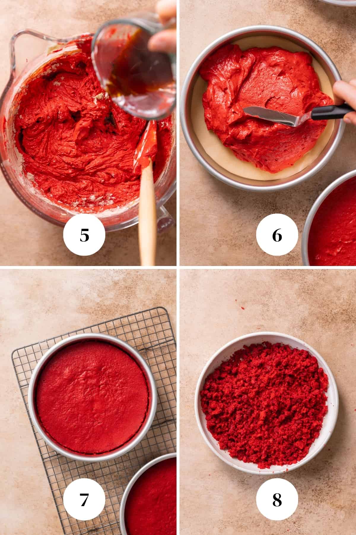 A process collage of the steps for making homemade red velvet cake.