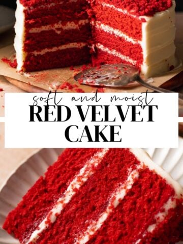 Red velvet cake pinterest pin with text overlay.