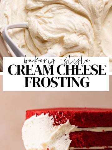 Cream cheese frosting recipe pinterest pin with text overlay.