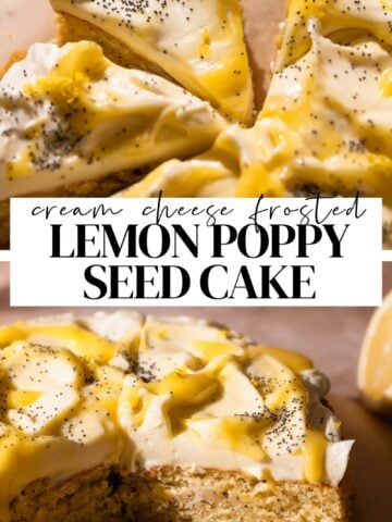 Lemon poppy seed cake pinterest pin with text overlay.