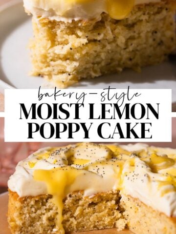 Lemon poppy seed cake pinterest pin with text overlay.
