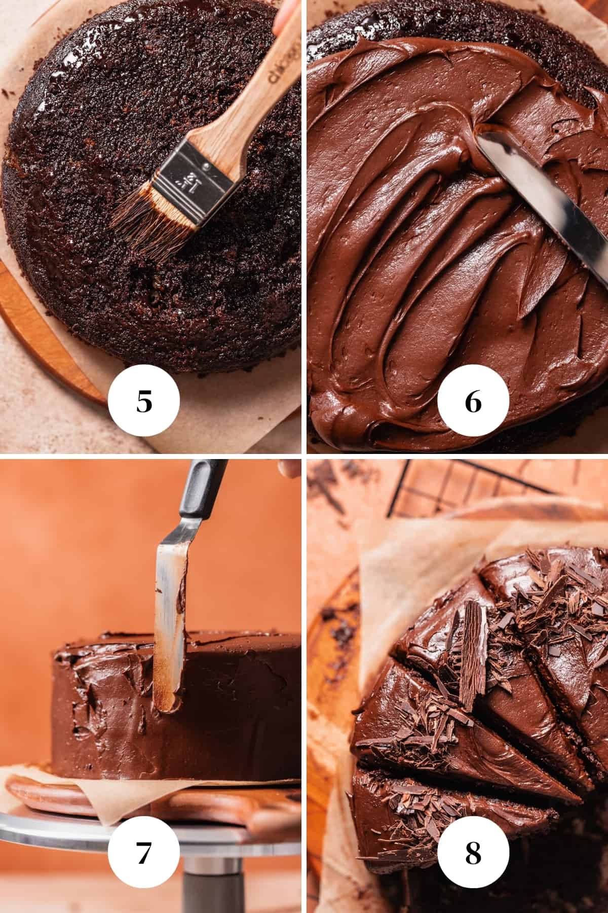A process collage of the steps for frosting the homemade chocolate cake with chocolate frosting.