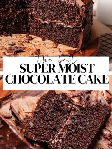 Moist chocolate cake recipe pinterest pin with text overlay.