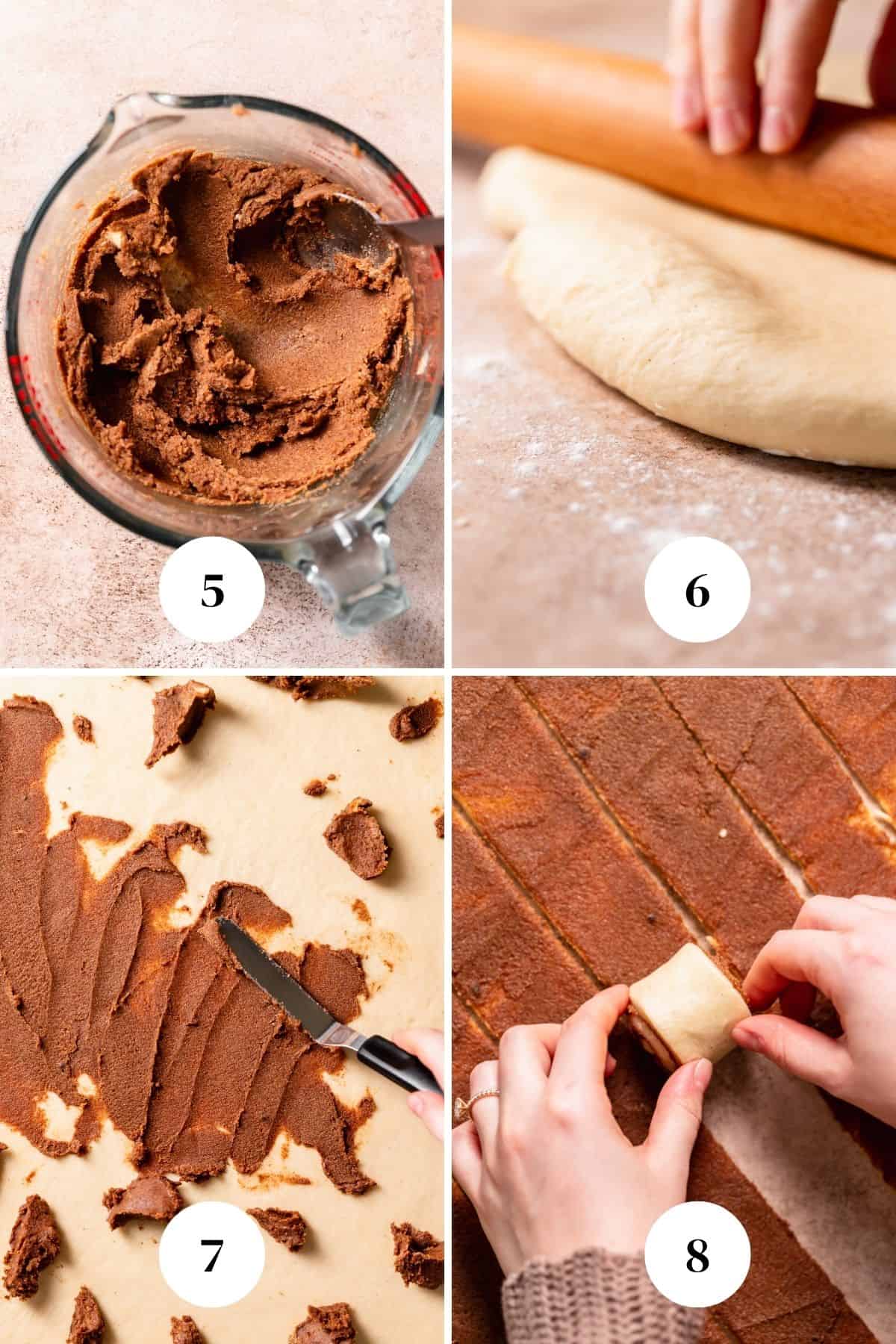 A process collage of the steps for rolling the cinnamon buns.