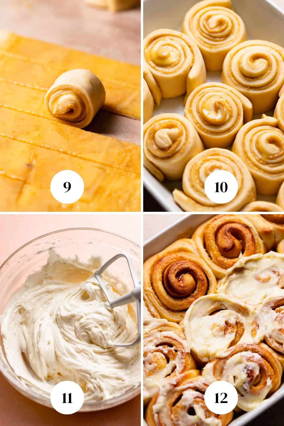 A process collage of the steps for frosting lemon rolls with lemon frosting.