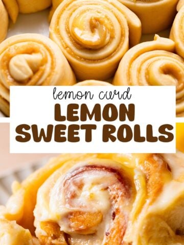 Lemon sweet rolls pinterest pin with text overlay.