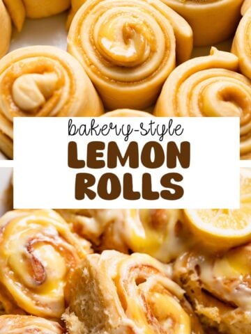 Lemon sweet rolls pinterest pin with text overlay.