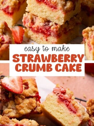 Strawberry crumb cake pinterest pin with text overlay.