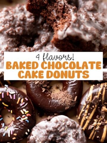 Baked chocolate donut pinterest pin with text overlay.