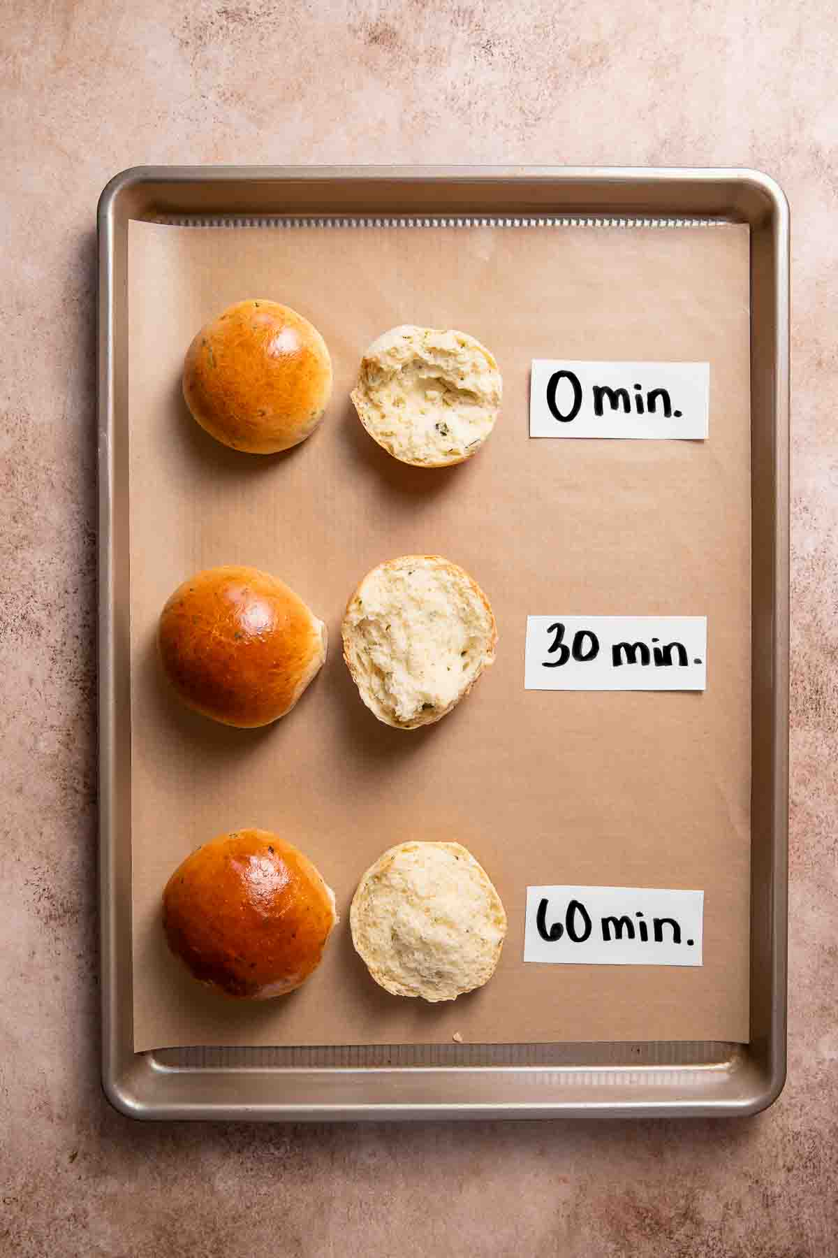 A baking pan with three different bread rolls labeled with how much time they risen before baking.