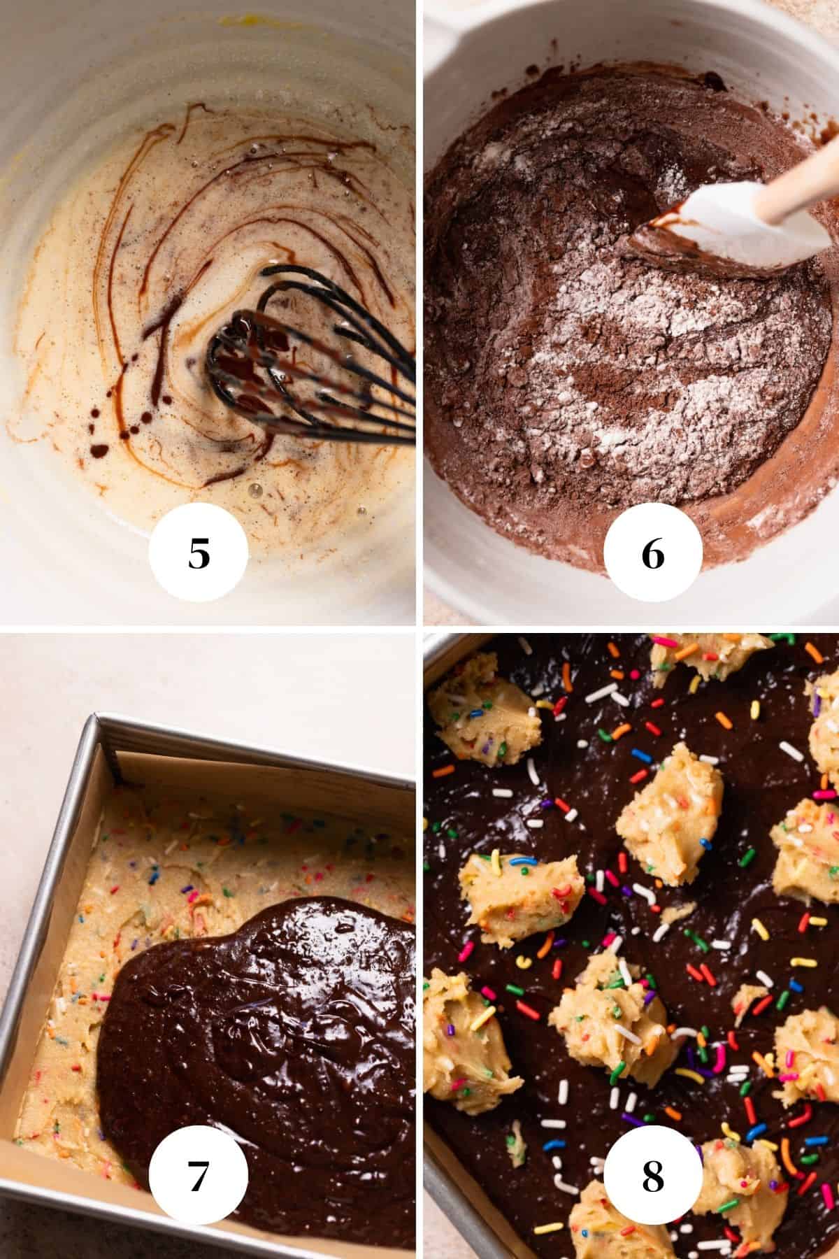 A process collage of the steps for making the sprinkle brownie batter.
