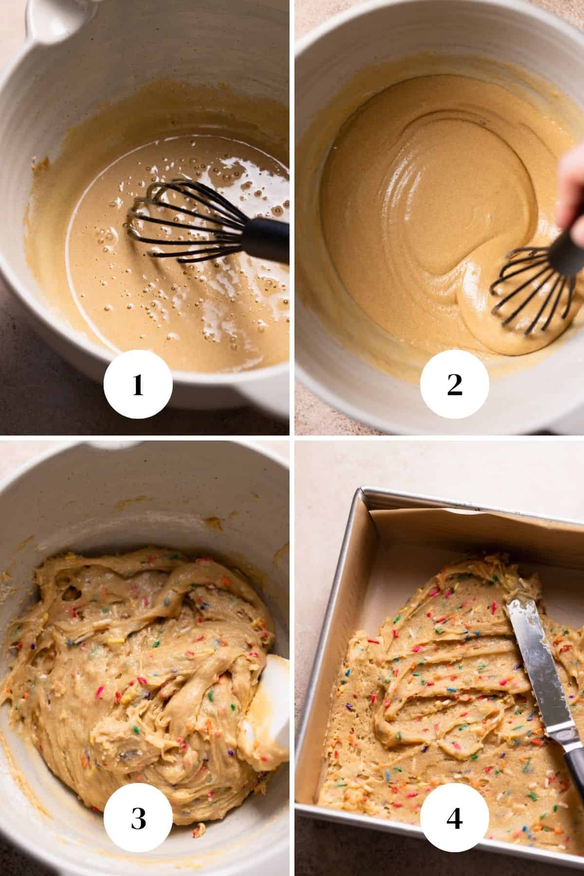 A process collage of the steps for making the funfetti cookie dough layer.