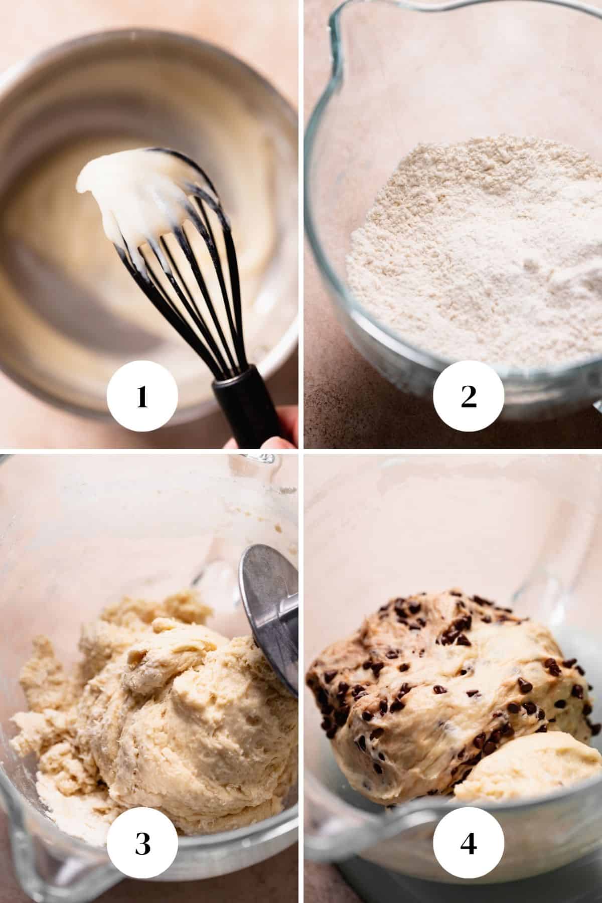 A process collage of the steps for mixing and kneading the chocolate chip yeast dough.