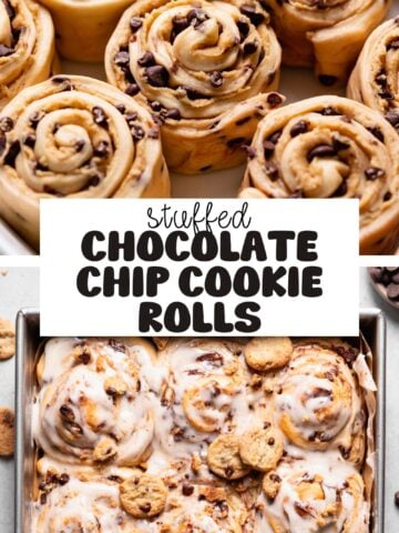 Chocolate chip cookie rolls pinterest pin with text overlay.