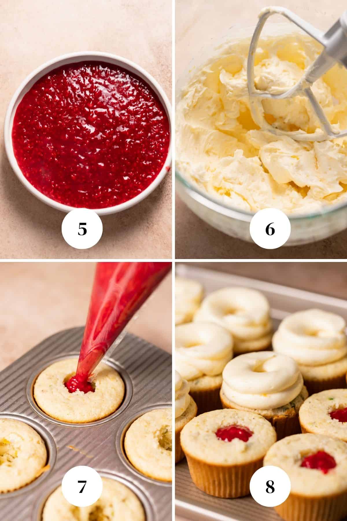 A process collage of the steps for filling the lemon cupcakes with raspberry filling.
