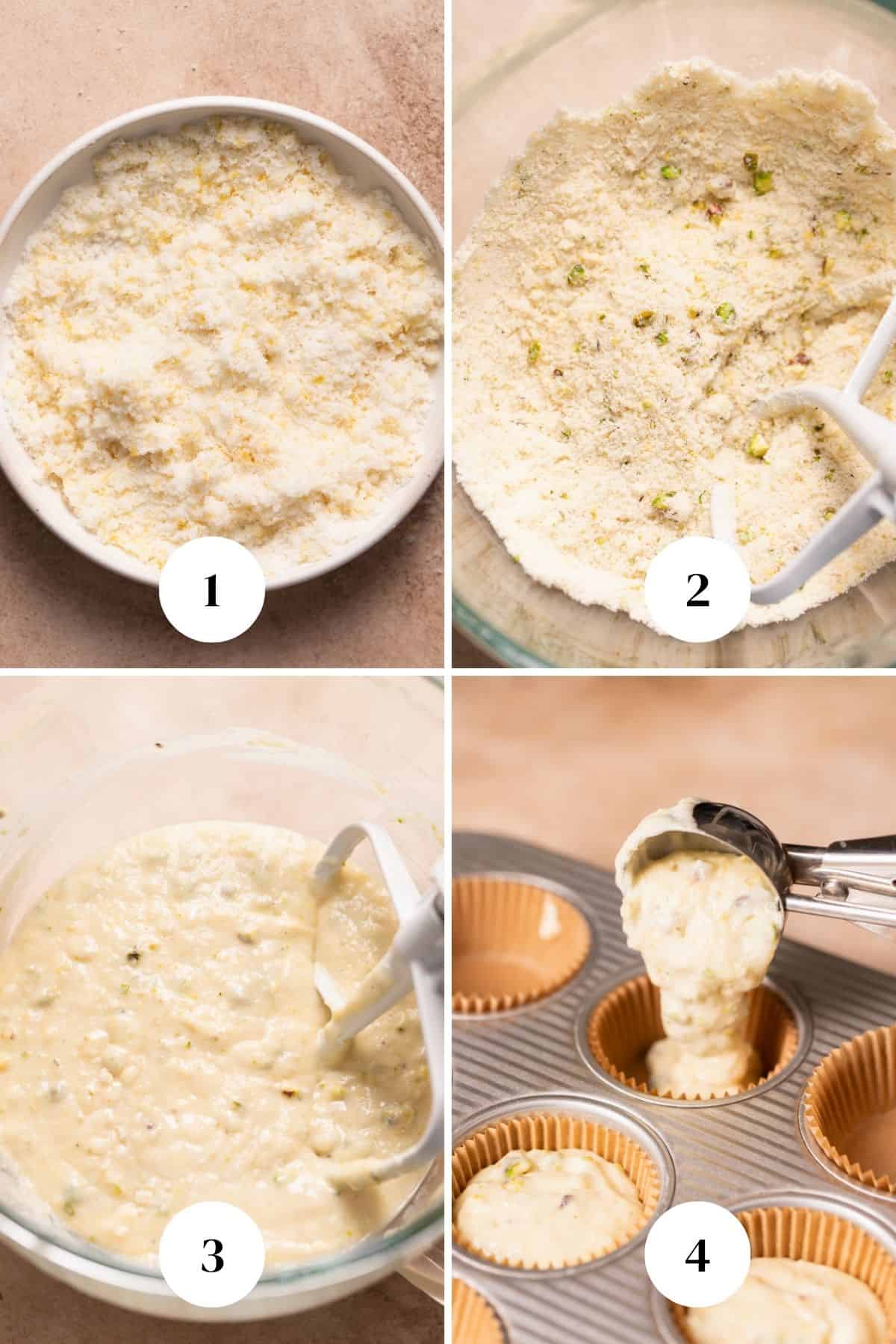 A process collage of the steps for making the lemon cupcake batter.