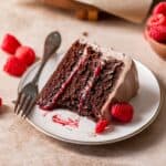 A slice of raspberry filled chocolate cake on a white plate with a bite missing.