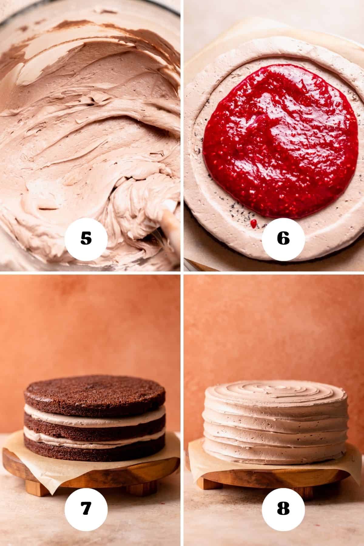 A process collage of the steps for filling and frosting the chocolate cake.