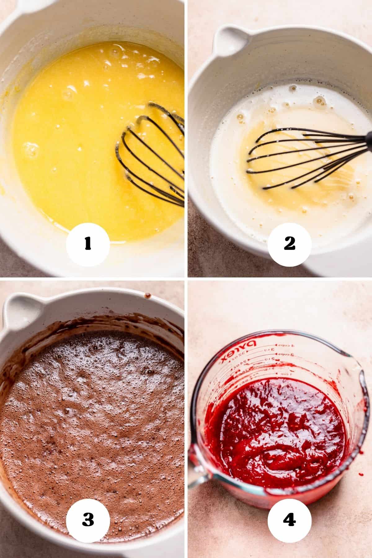 A process collage of the steps for making the chocolate cake batter.