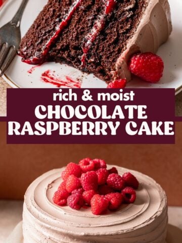 Chocolate raspberry cake pinterest pin with text overlay.