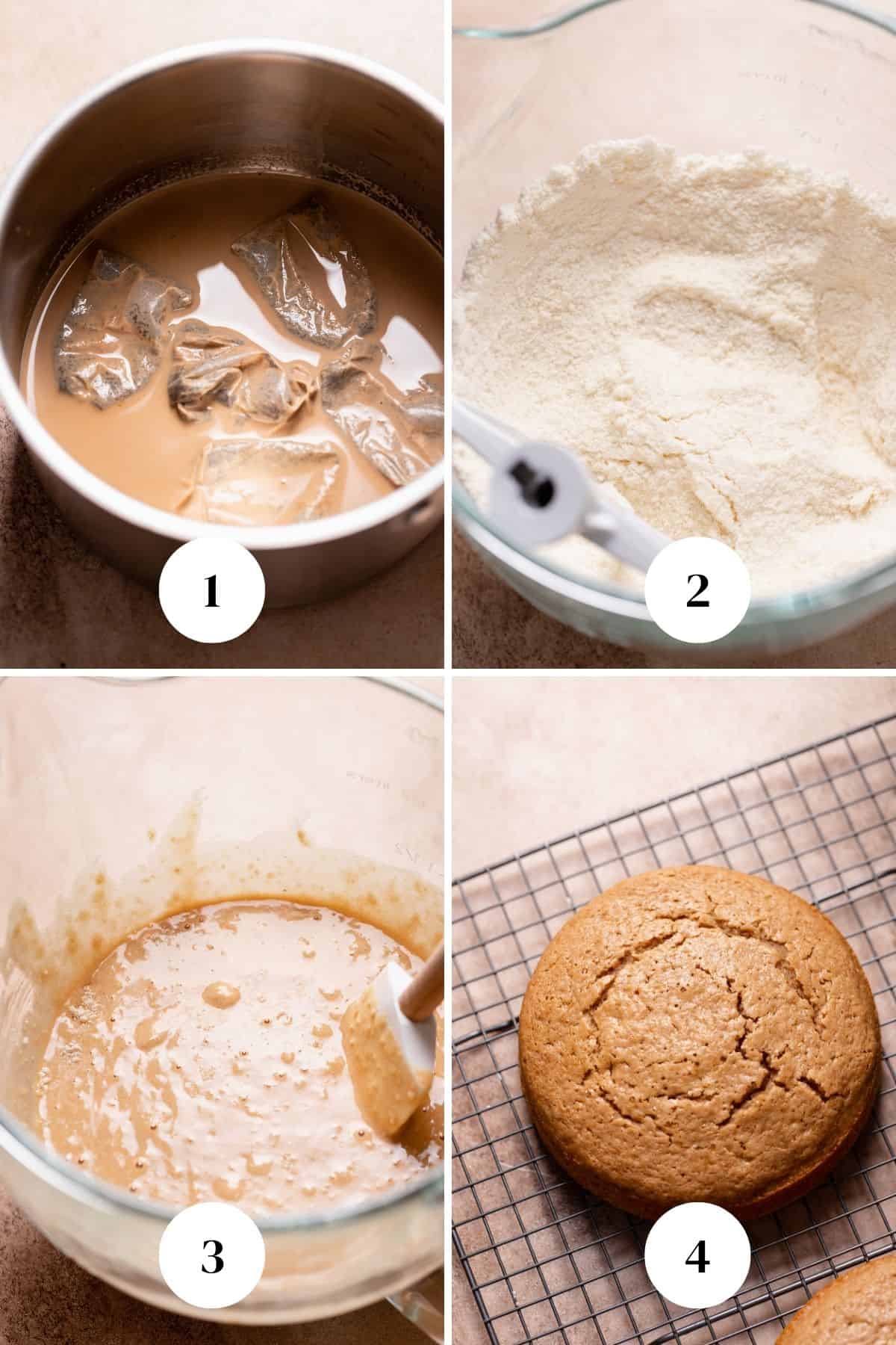 A process collage of the steps for making the earl grey cake batter.