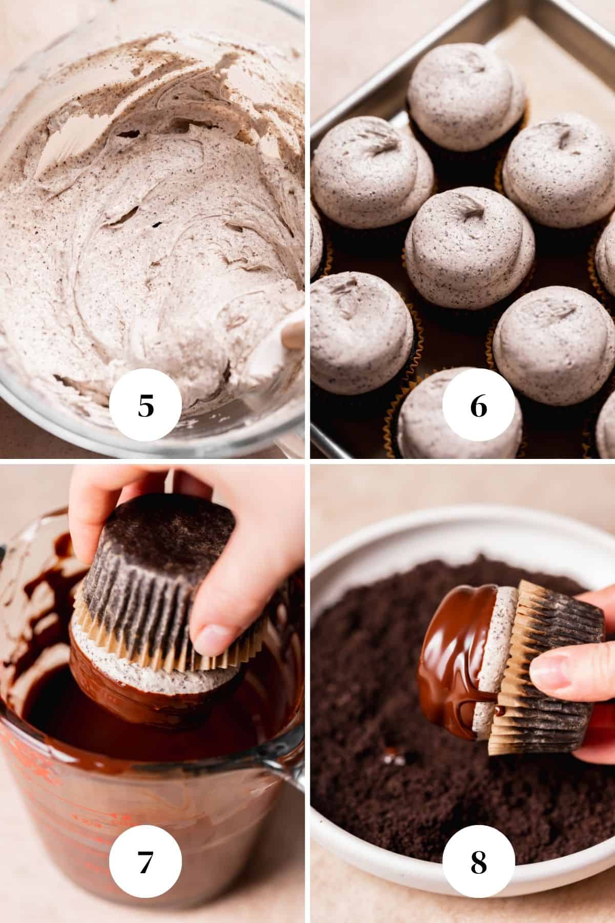 A process collage of the steps for decorating the cupcakes with oreo frosting.