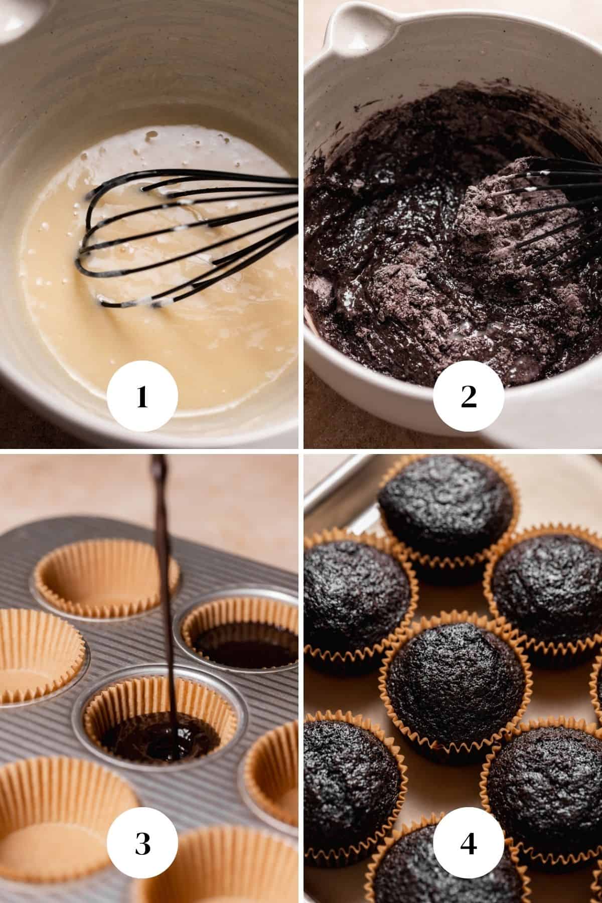A process collage of the steps for making the chocolate cake batter.