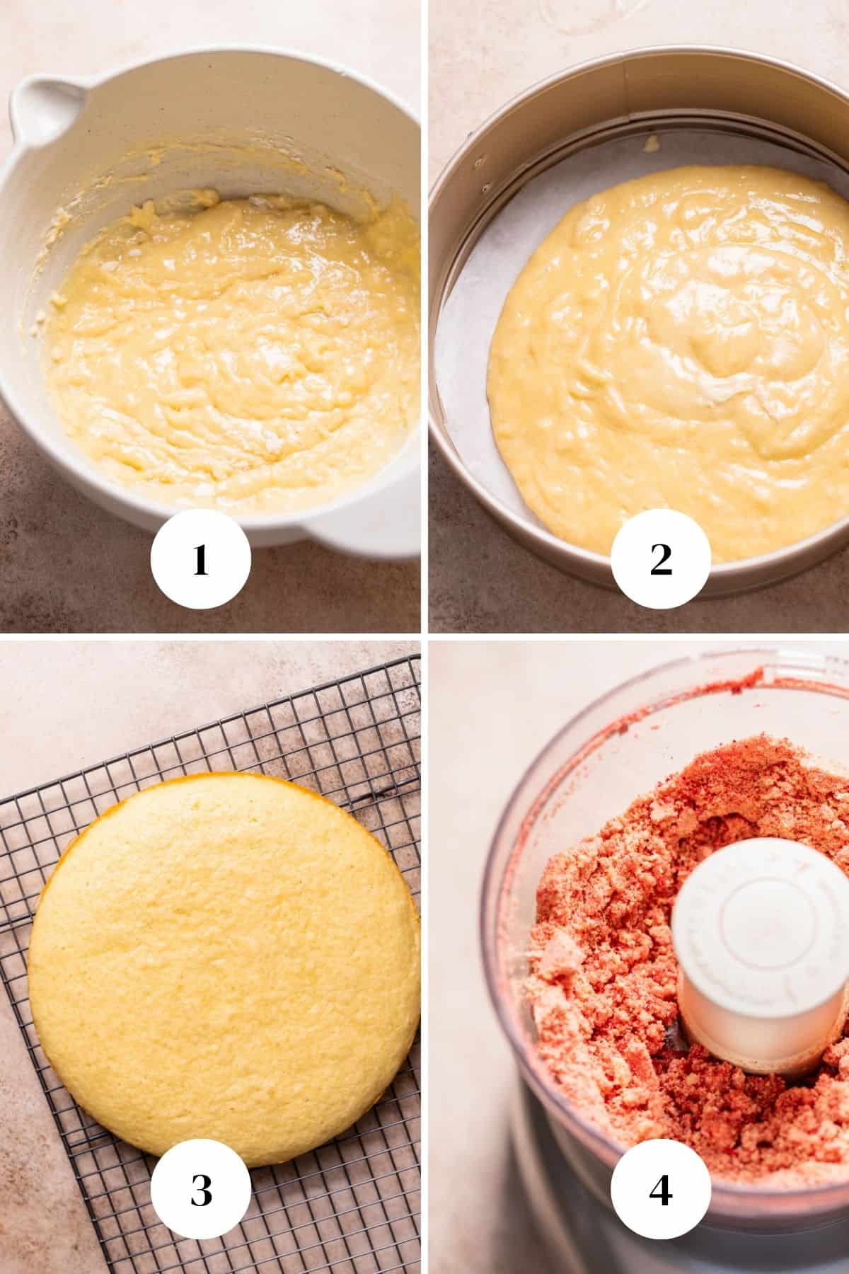A process collage of the steps for making the strawberry crunch cake.