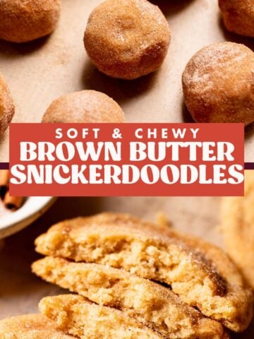 Brown butter snickerdoodle cookie pinterest pin with text overlay.