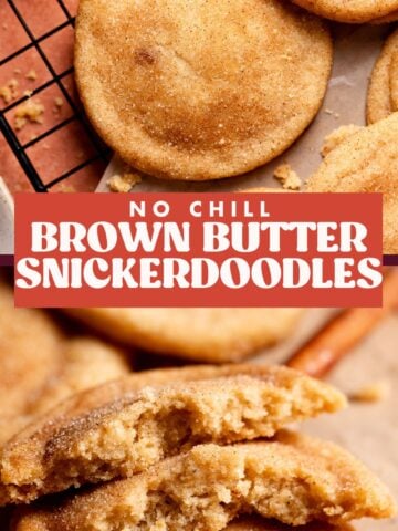 Brown butter snickerdoodle cookie pinterest pin with text overlay.