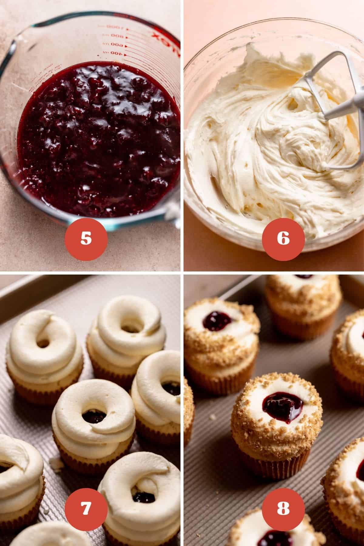 A process collage of the steps for frosting and decorating the cherry cupcakes.