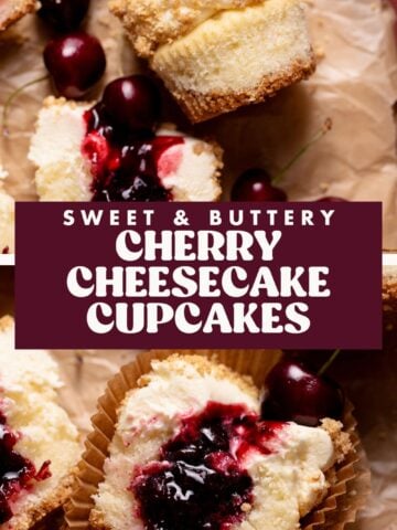 Cherry cheesecake cupcake pinterest pin with text overlay.