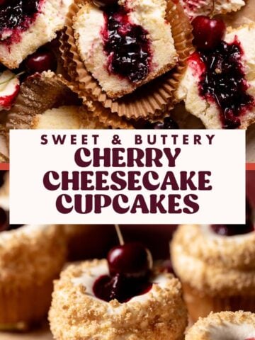 Cherry cheesecake cupcake pinterest pin with text overlay.