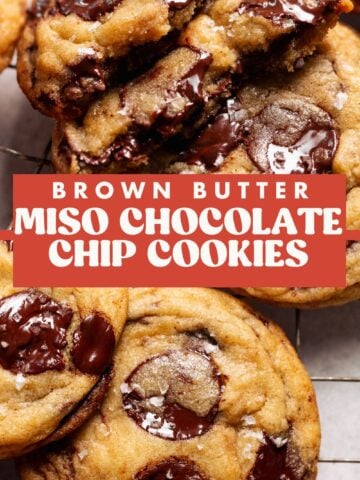 Brown butter miso chocolate chip cookie pinterest pin with text overlay.