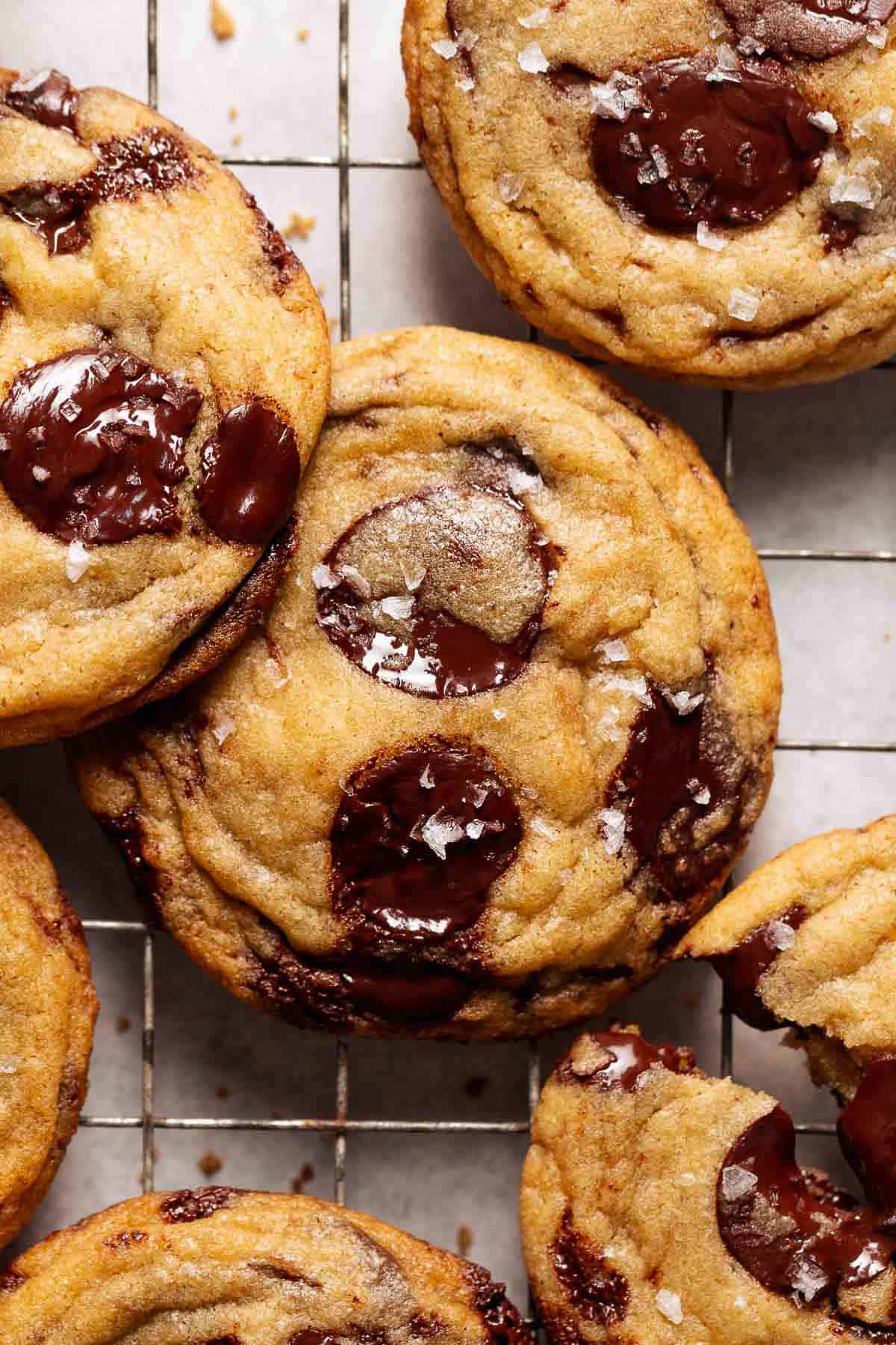 Chocolate miso cookies on a wire cooling rack.