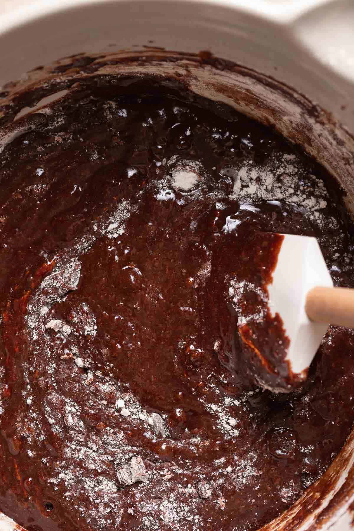 A mixing bowl of the brownie batter.
