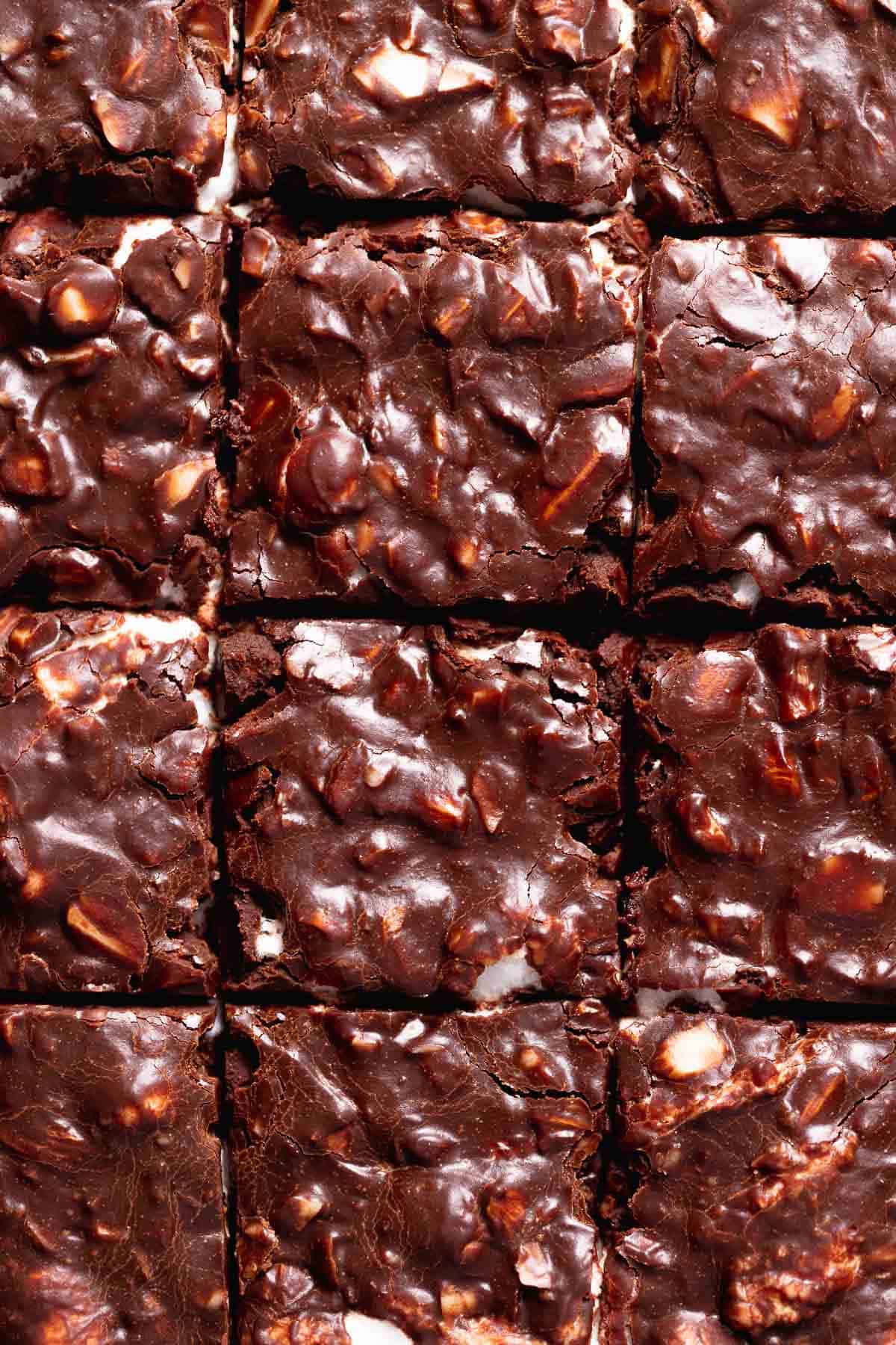 Rocky road brownies cut into squares.