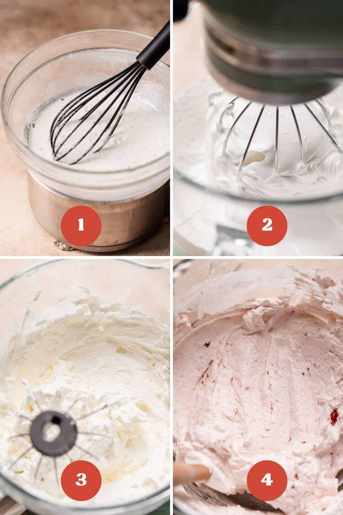 A process collage of the steps for making the strawberry swiss meringue buttercream.