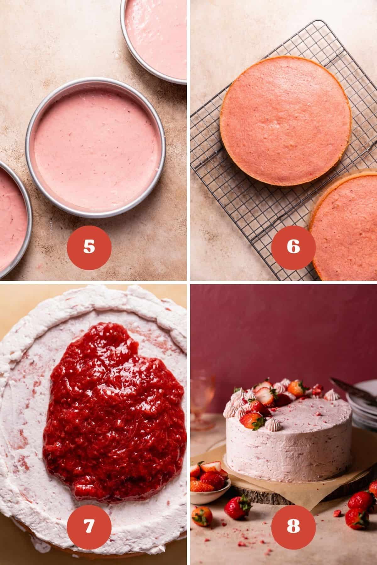 A process collage of the steps for filling and frosting the strawberry cake.