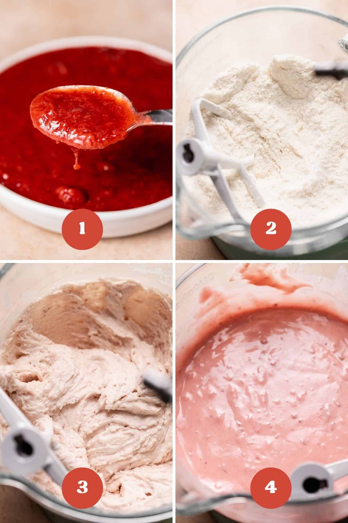 A process collage of the steps for making the strawberry cake batter.