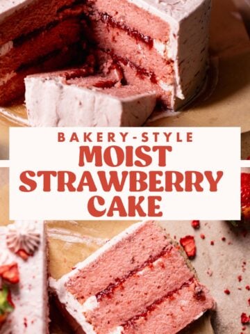 Strawberry cake pinterest pin with text overlay.